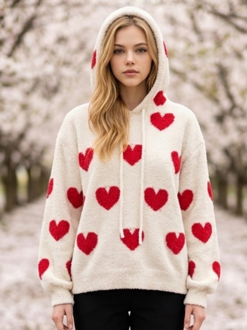 Forever 21 Cream Hoodie with Red Heart Pattern